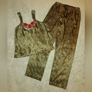 Vintage Cinema Etoile Pajamas Size M Leopard Y2K Cami Top Pants Rose Embroidered